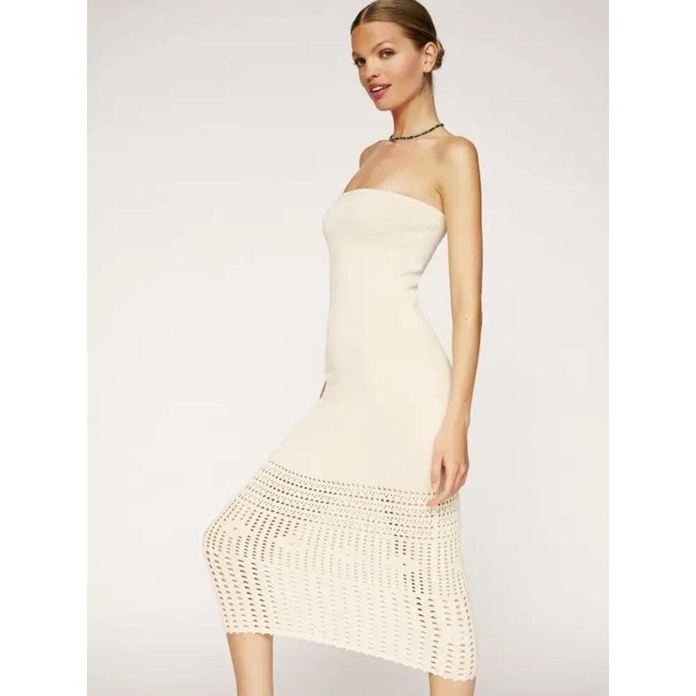 Reformation Livvy White Ivory Cream Knit Strapless Midi Dress L